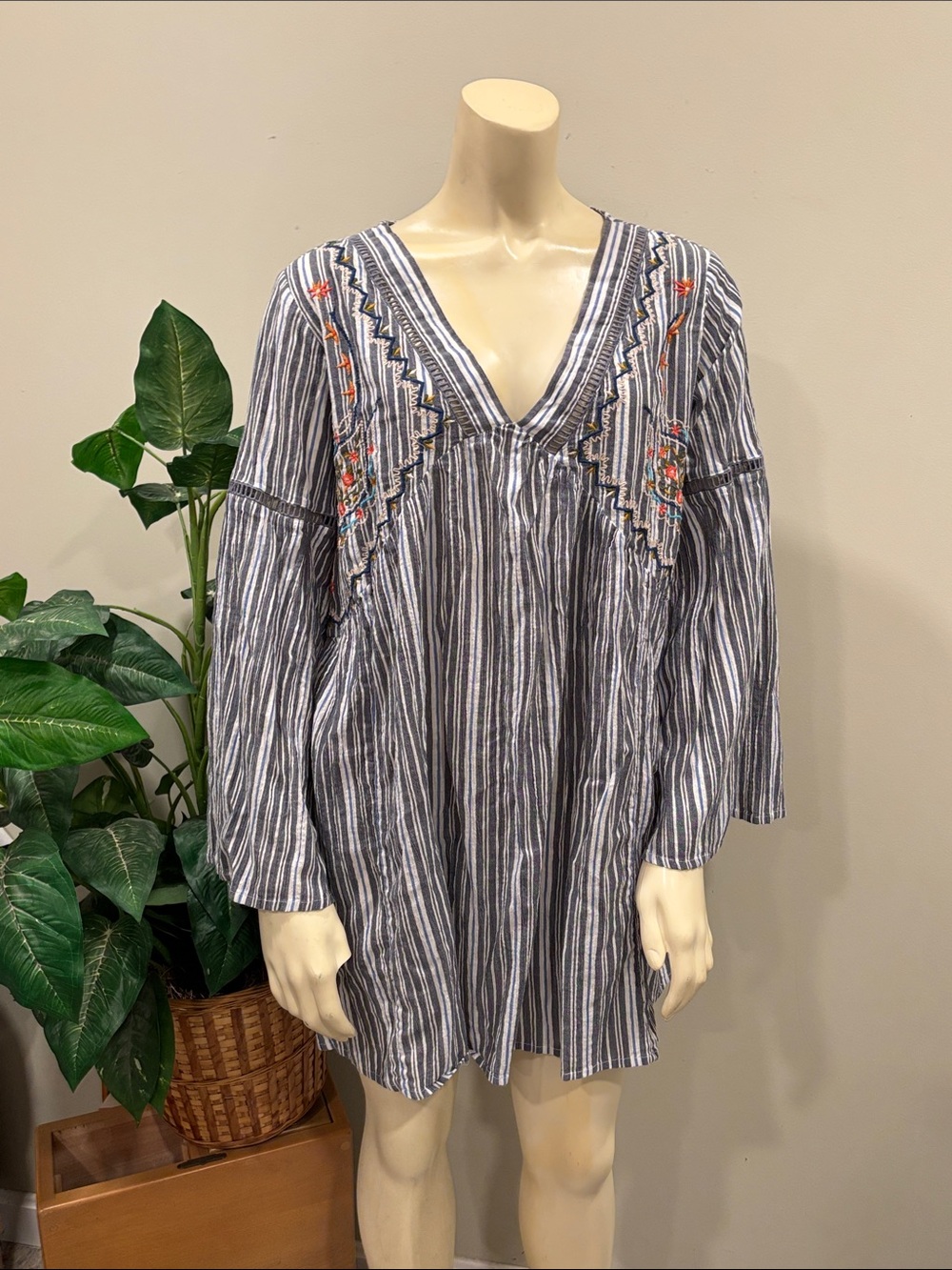 World Market Boho Striped Chambray V-neck Mini Dress with Embroidery
